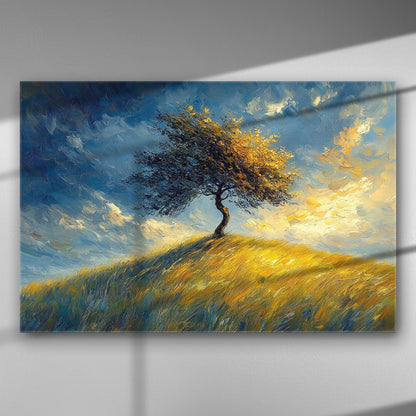 Canvas print of a solitary tree on a hill under a vibrant sky.