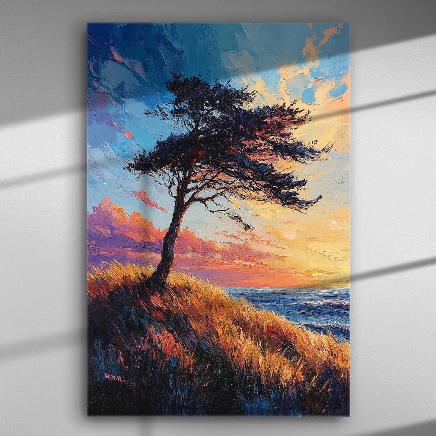 Colorful sunset over the sea with a tree on a hill on canvas.