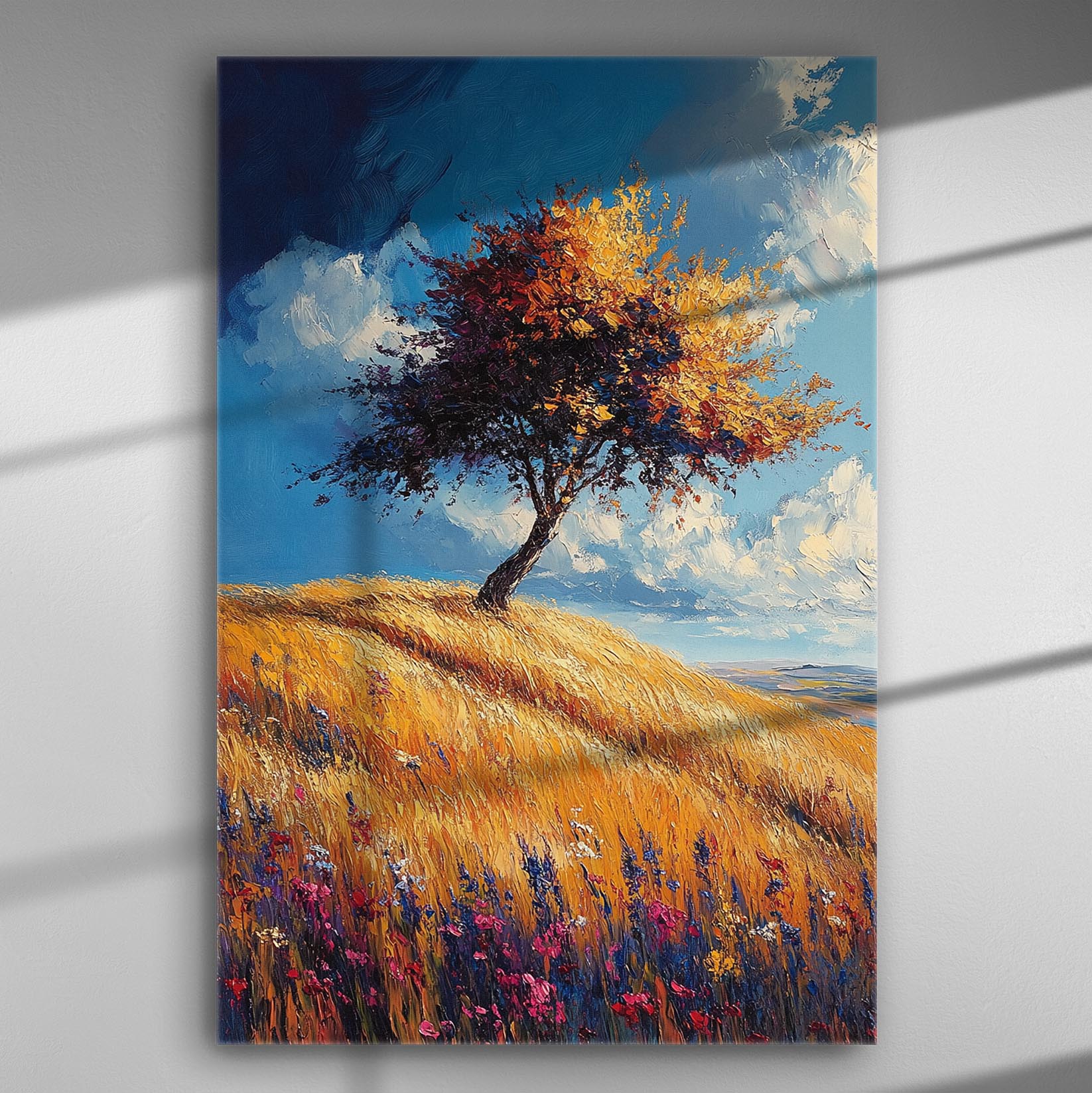 A vibrant autumn landscape on canvas featuring a tree with colorful foliage in a field under a blue sky.