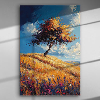A vibrant autumn landscape on canvas featuring a tree with colorful foliage in a field under a blue sky.