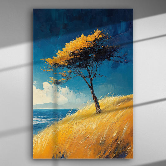 Canvas print of a tree with yellow leaves on a hilltop against a blue sky and sea.
