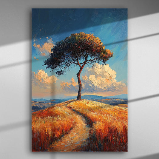 Vibrant landscape painting with a solitary tree under a vast sky.