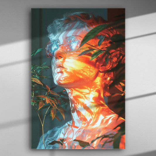 A canvas print featuring a person's face illuminated with orange and green shadows and surrounded by foliage.