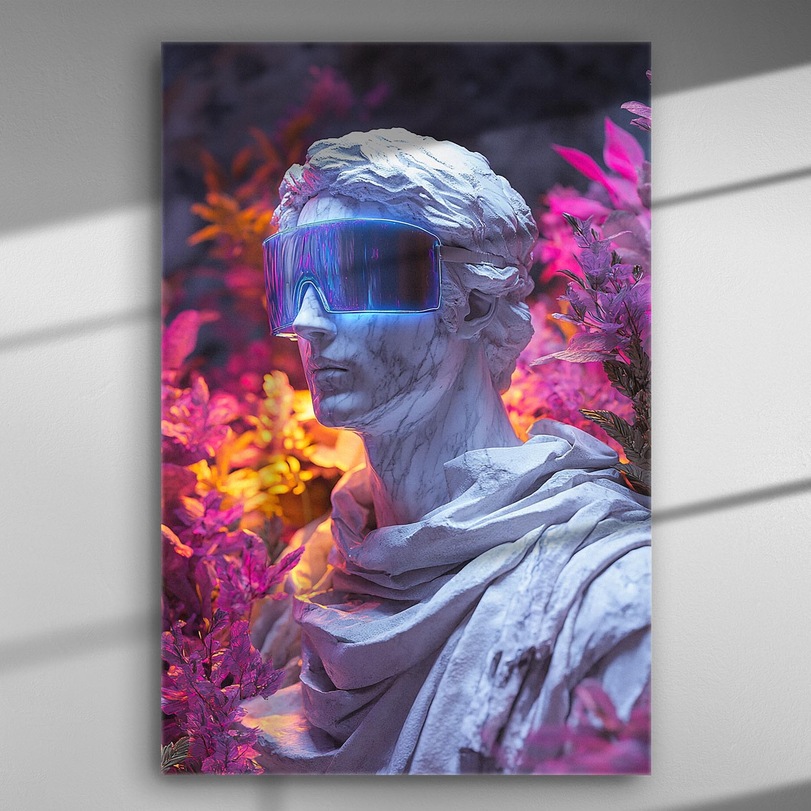 Bust of a classical Greek statue wearing futuristic neon glasses surrounded by colorful neon plants.