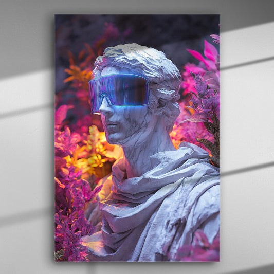 Bust of a classical Greek statue wearing futuristic neon glasses surrounded by colorful neon plants.