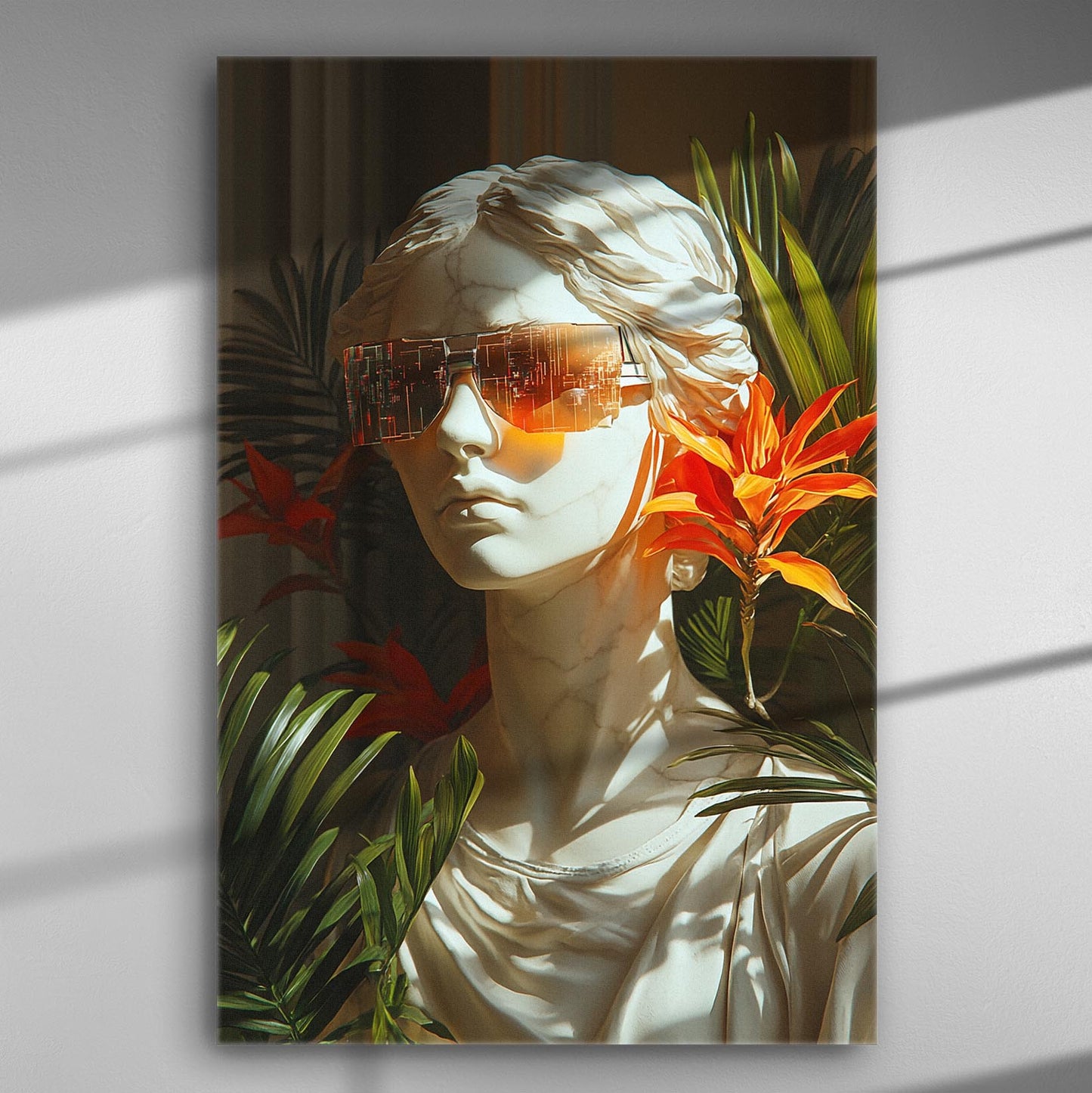 A marble bust wearing modern sunglasses surrounded by tropical plants on a canvas print.