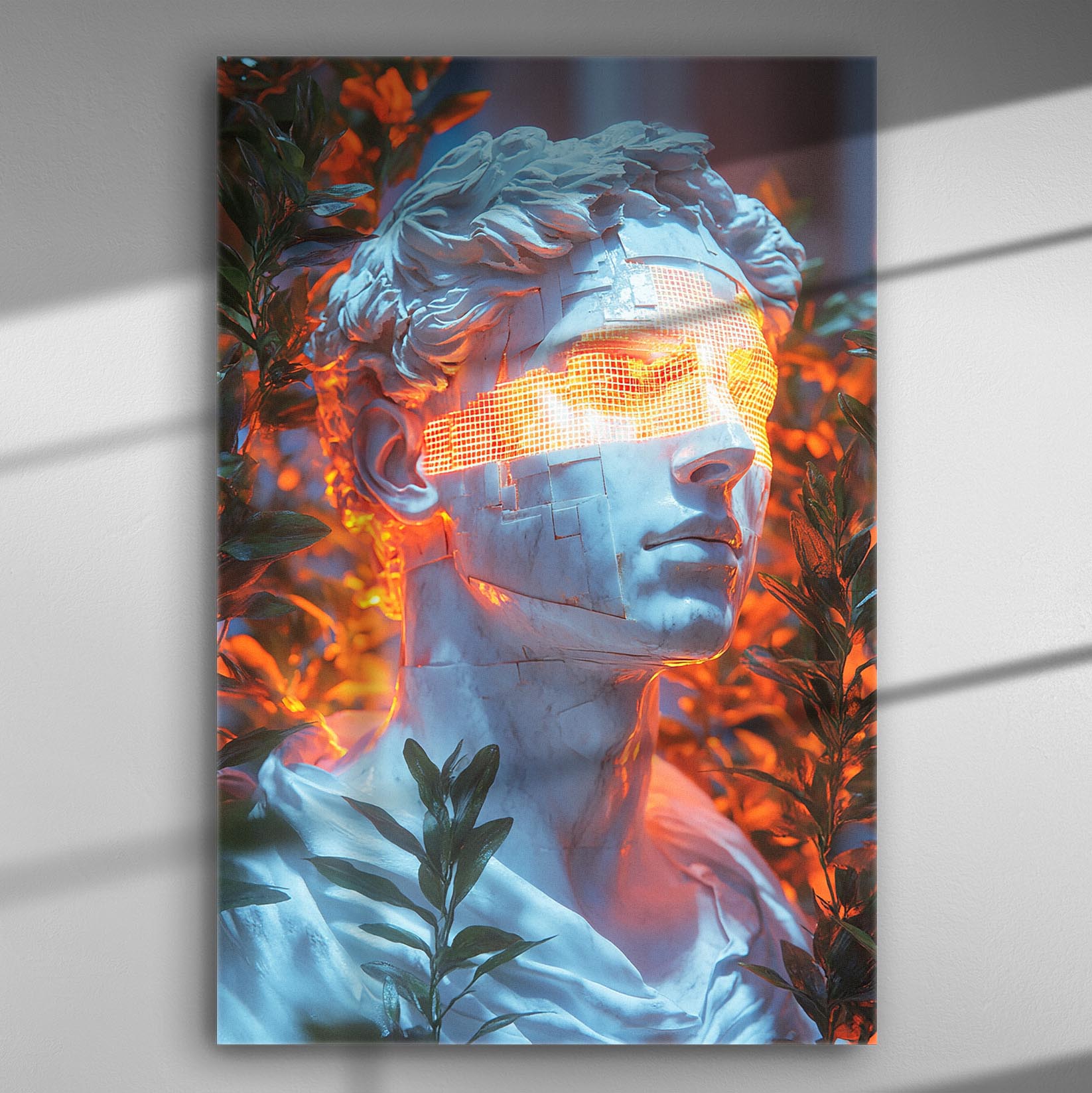 A classical sculpture with digital light elements in the eyes, surrounded by foliage.