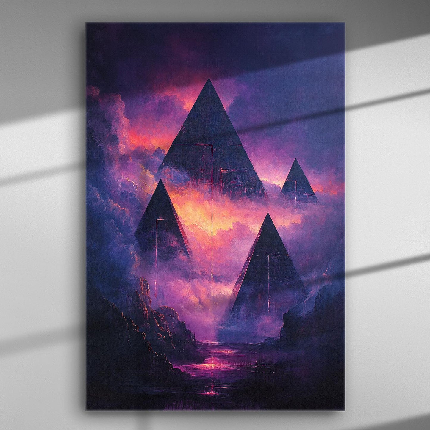 Mysterious pyramids emerging from colorful clouds in a dramatic sunset scene on canvas.