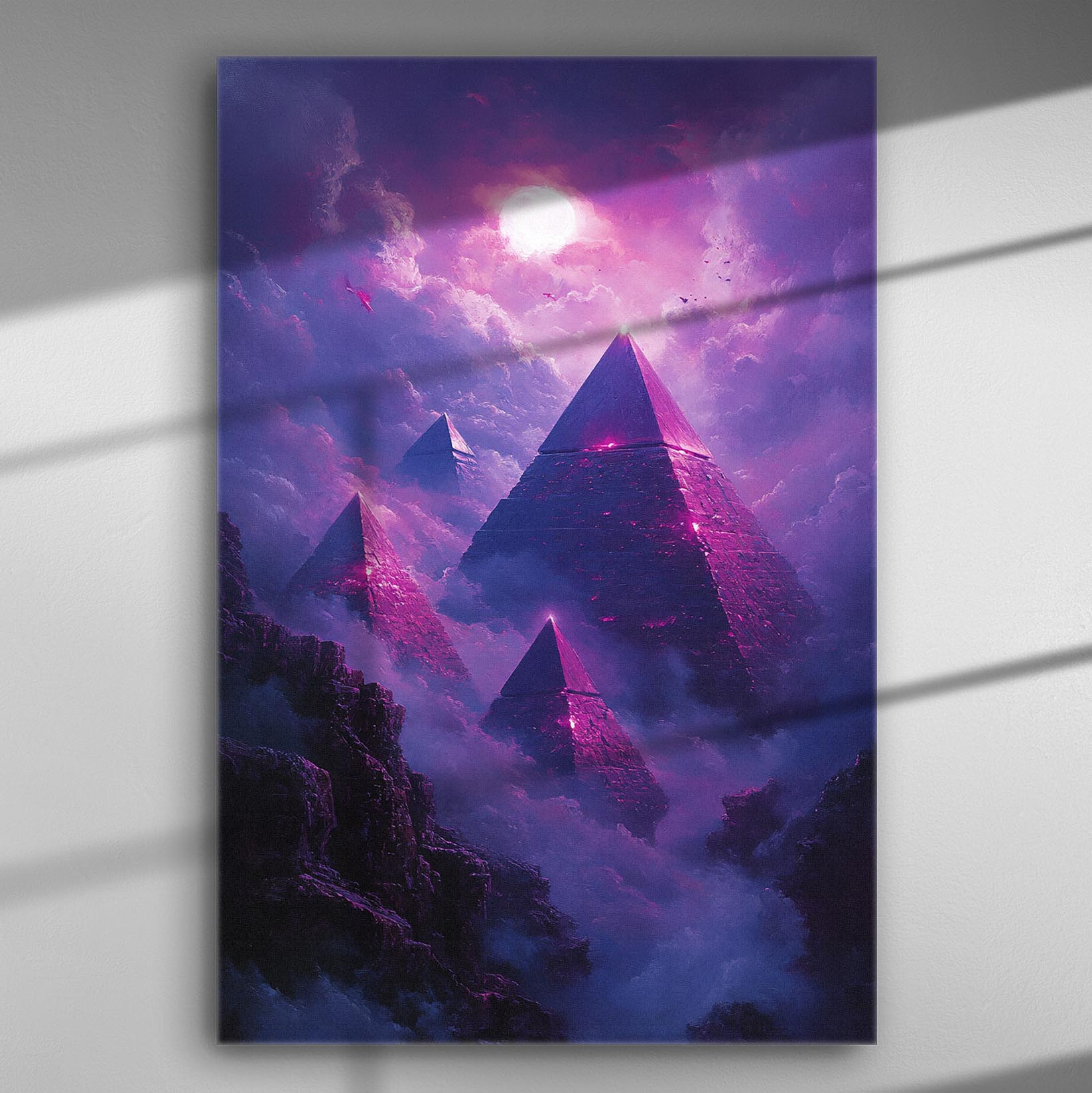 Digital artwork of purple pyramids surrounded by clouds with a mystical atmosphere.