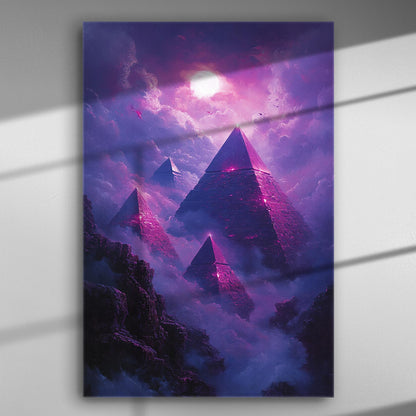 Digital artwork of purple pyramids surrounded by clouds with a mystical atmosphere.