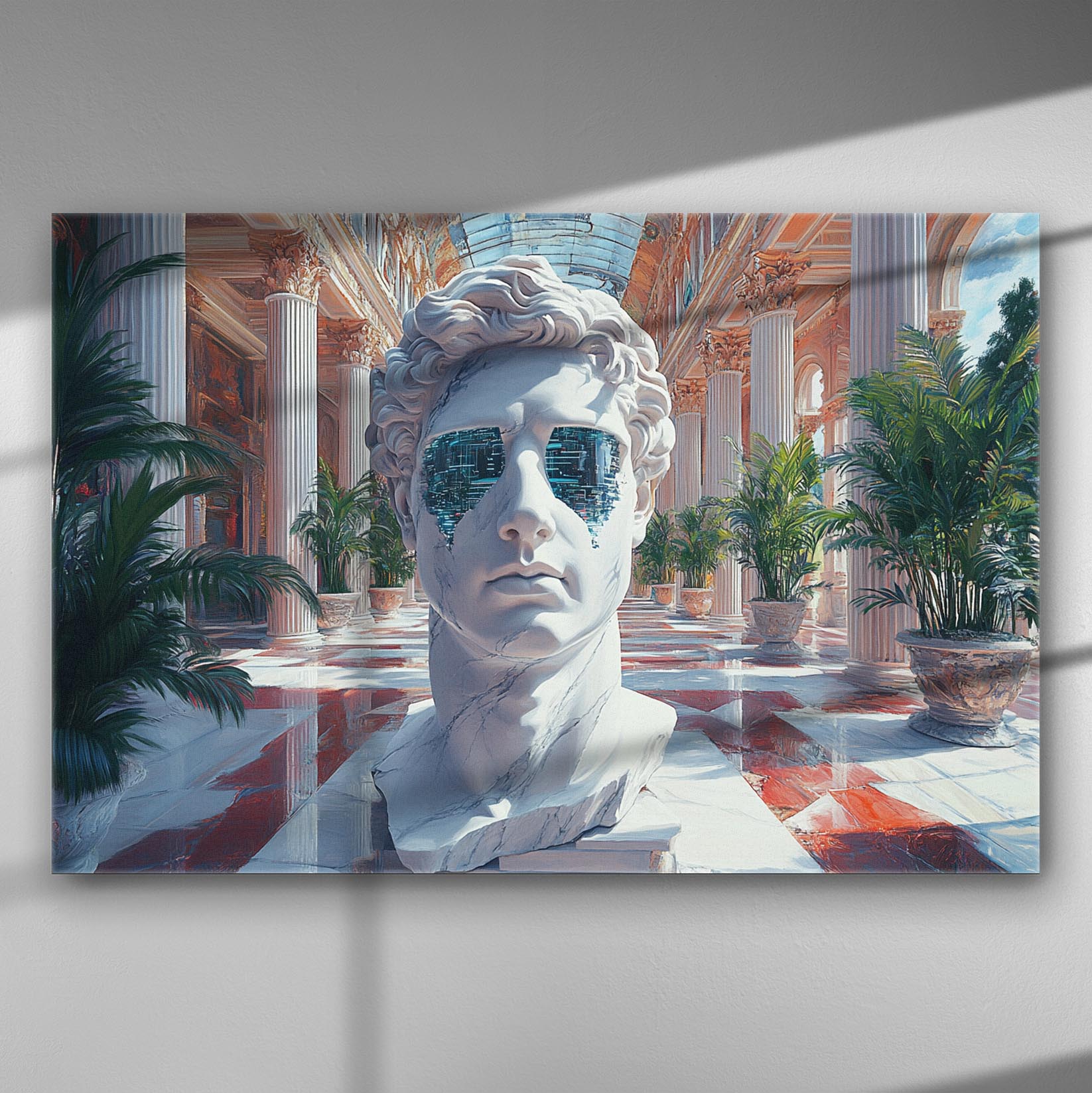 Neoclassical bust in a palace setting with futuristic elements on a canvas print.