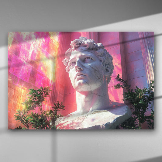 Classical statue with colorful and modern lighting on a canvas