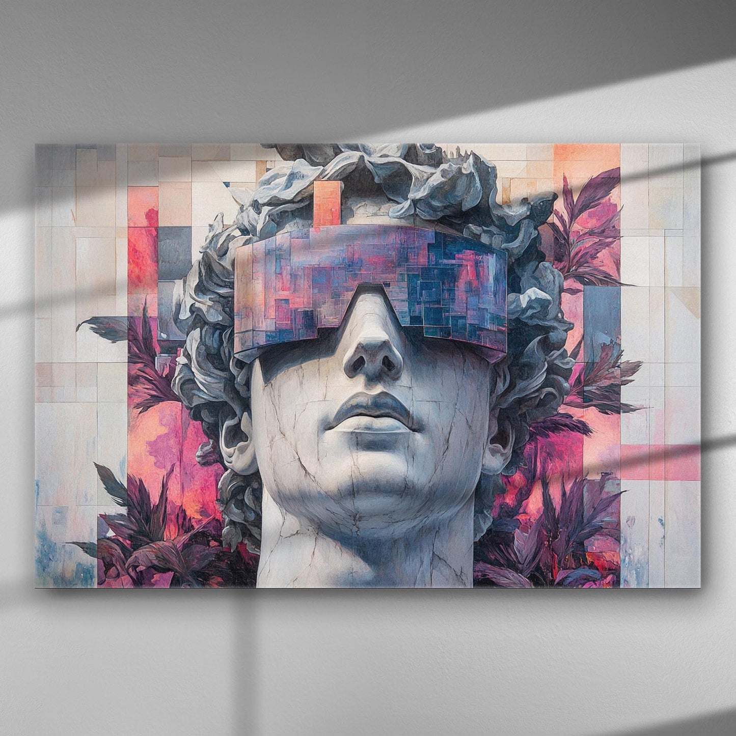 Classic sculpture with futuristic visor, vibrant colors, canvas art.