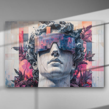 Classic sculpture with futuristic visor, vibrant colors, canvas art.
