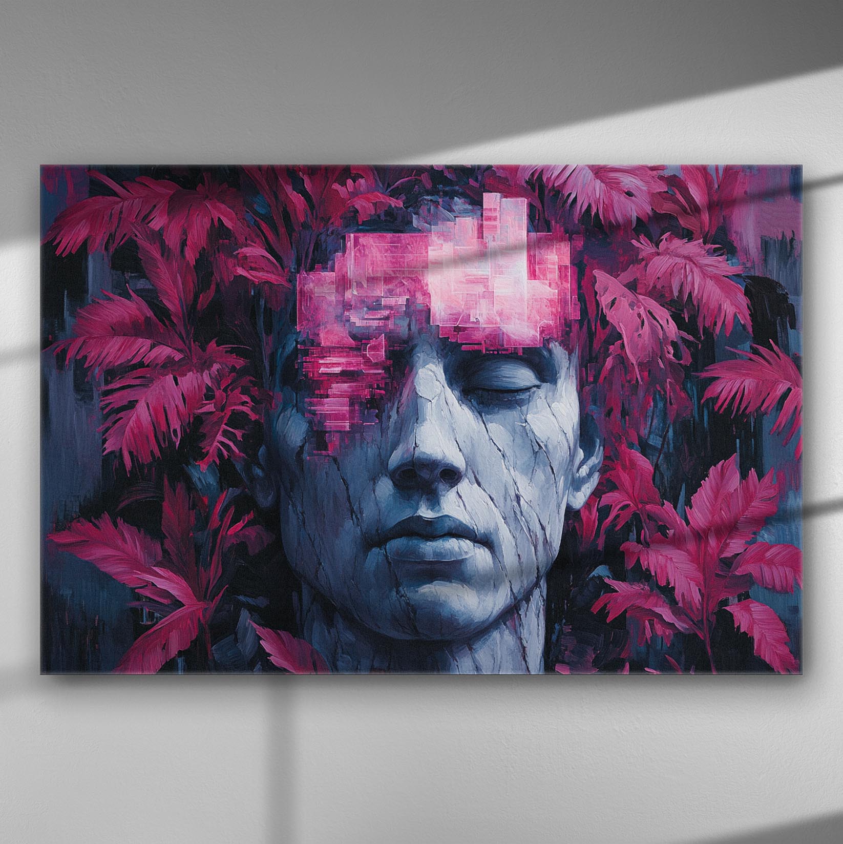 Canvas print featuring a serene face surrounded by bright pink leaves.