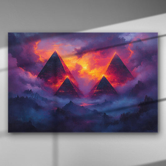 Colorful depiction of pyramids surrounded by clouds and illuminated by a vibrant sunset.