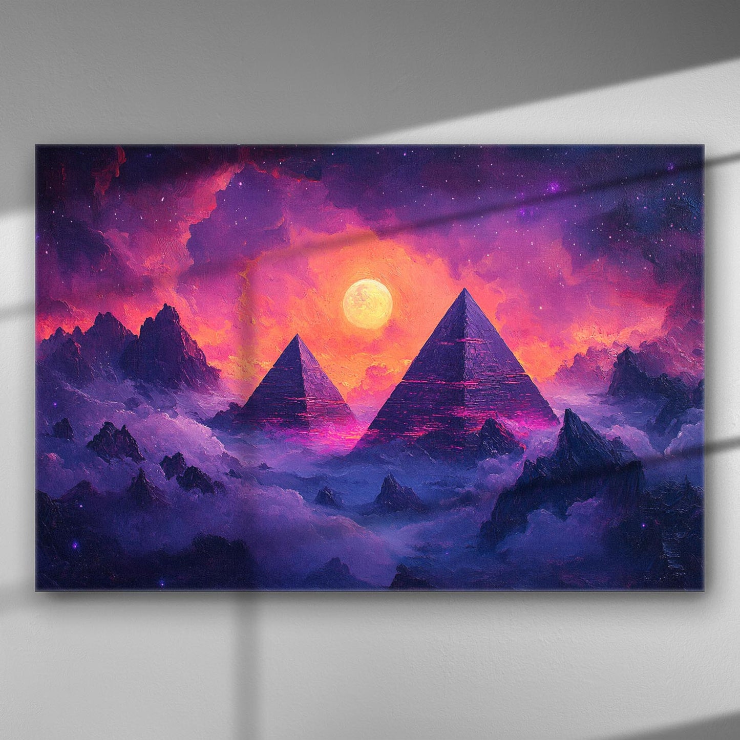 Mystical landscape with pyramids under a vivid purple sky, canvas print.