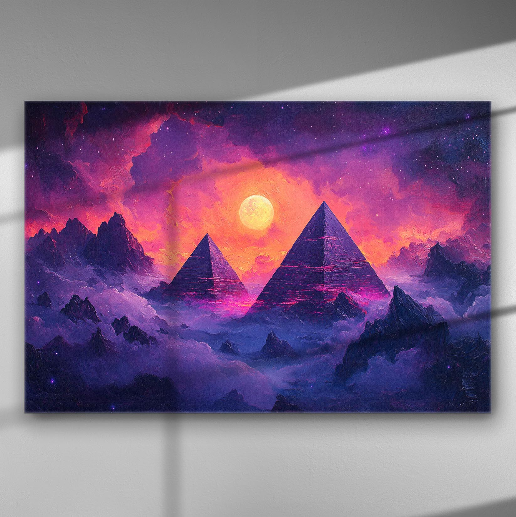 Mystical landscape with pyramids under a vivid purple sky, canvas print.