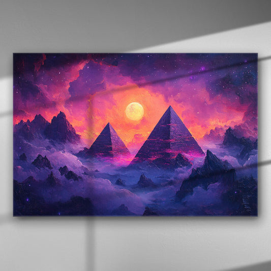 Mystical landscape with pyramids under a vivid purple sky, canvas print.