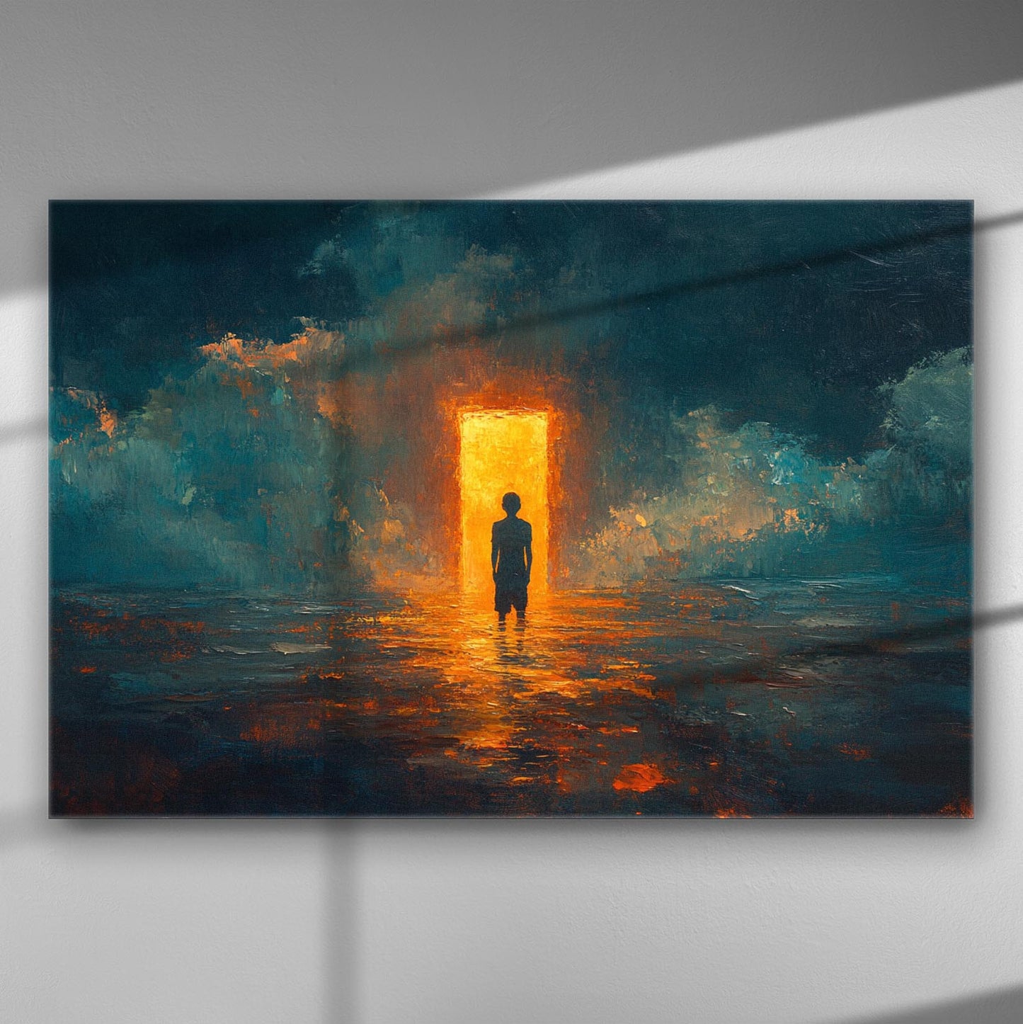 A silhouette of a person standing in front of a bright glowing doorway surrounded by darkness and abstract blue hues.