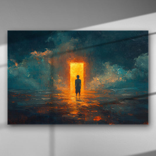 A silhouette of a person standing in front of a bright glowing doorway surrounded by darkness and abstract blue hues.