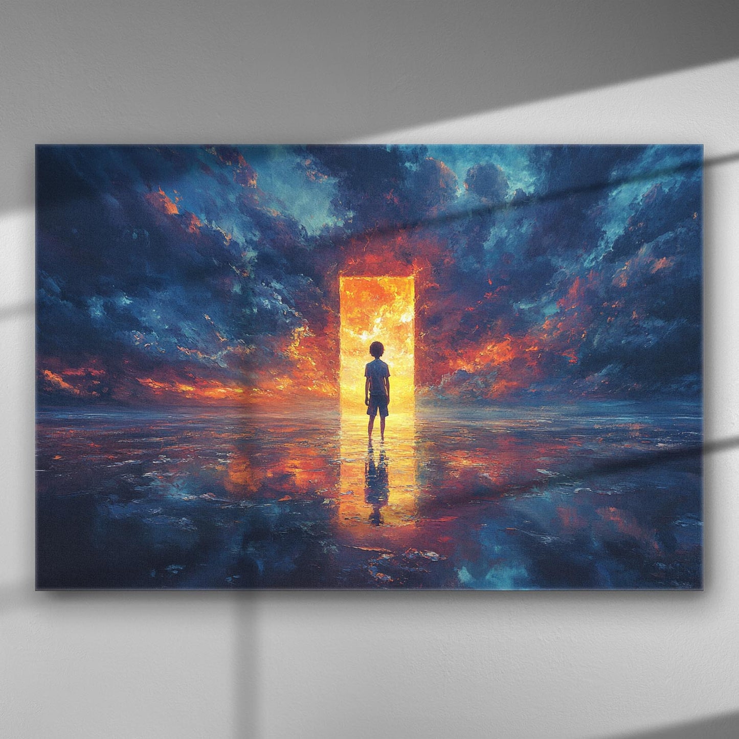 A child standing before a bright doorway with dramatic skies in shades of blue and orange.