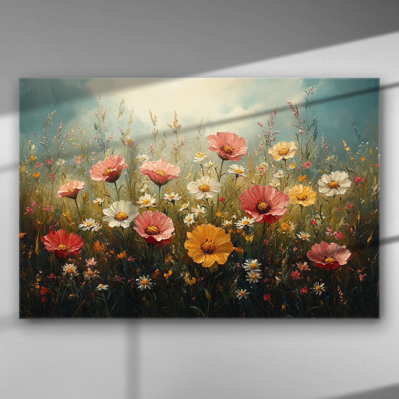 Canvas print of a vibrant floral garden with a variety of flowers in red, pink, and yellow hues.