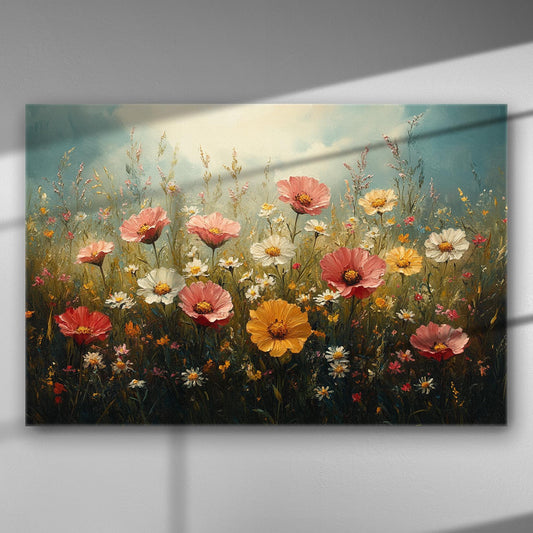 Canvas print of a vibrant floral garden with a variety of flowers in red, pink, and yellow hues.