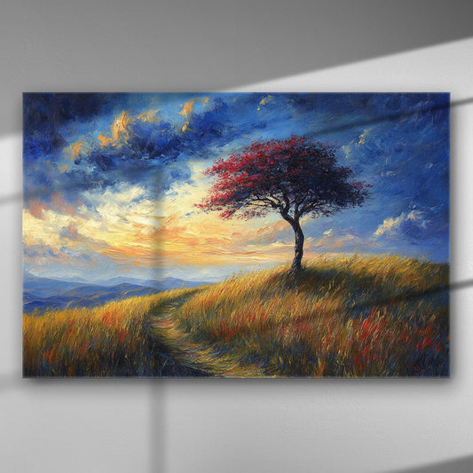 Lonely tree on a hill at sunset with vibrant sky and grassland.