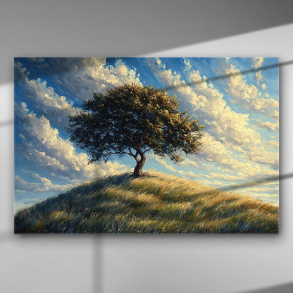 Canvas print of a solitary tree on a hill under a blue sky with clouds.
