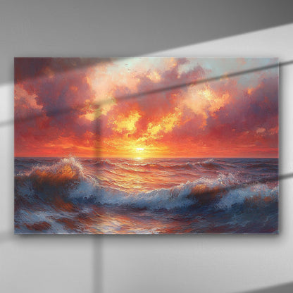 Sunset over ocean waves canvas print with vibrant orange and gold colors.