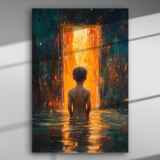 A boy stands in water facing a bright doorway, surrounded by dark and colorful abstract textures.