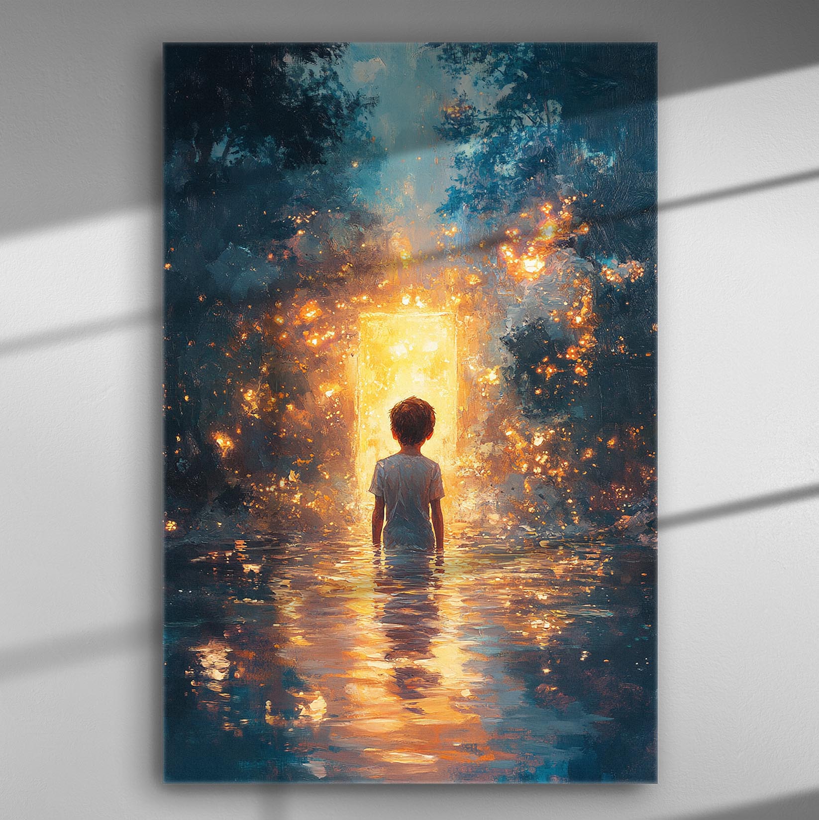 A child standing before a glowing doorway surrounded by dark scenery.