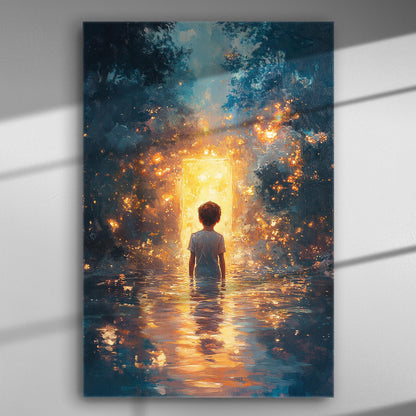 A child standing before a glowing doorway surrounded by dark scenery.