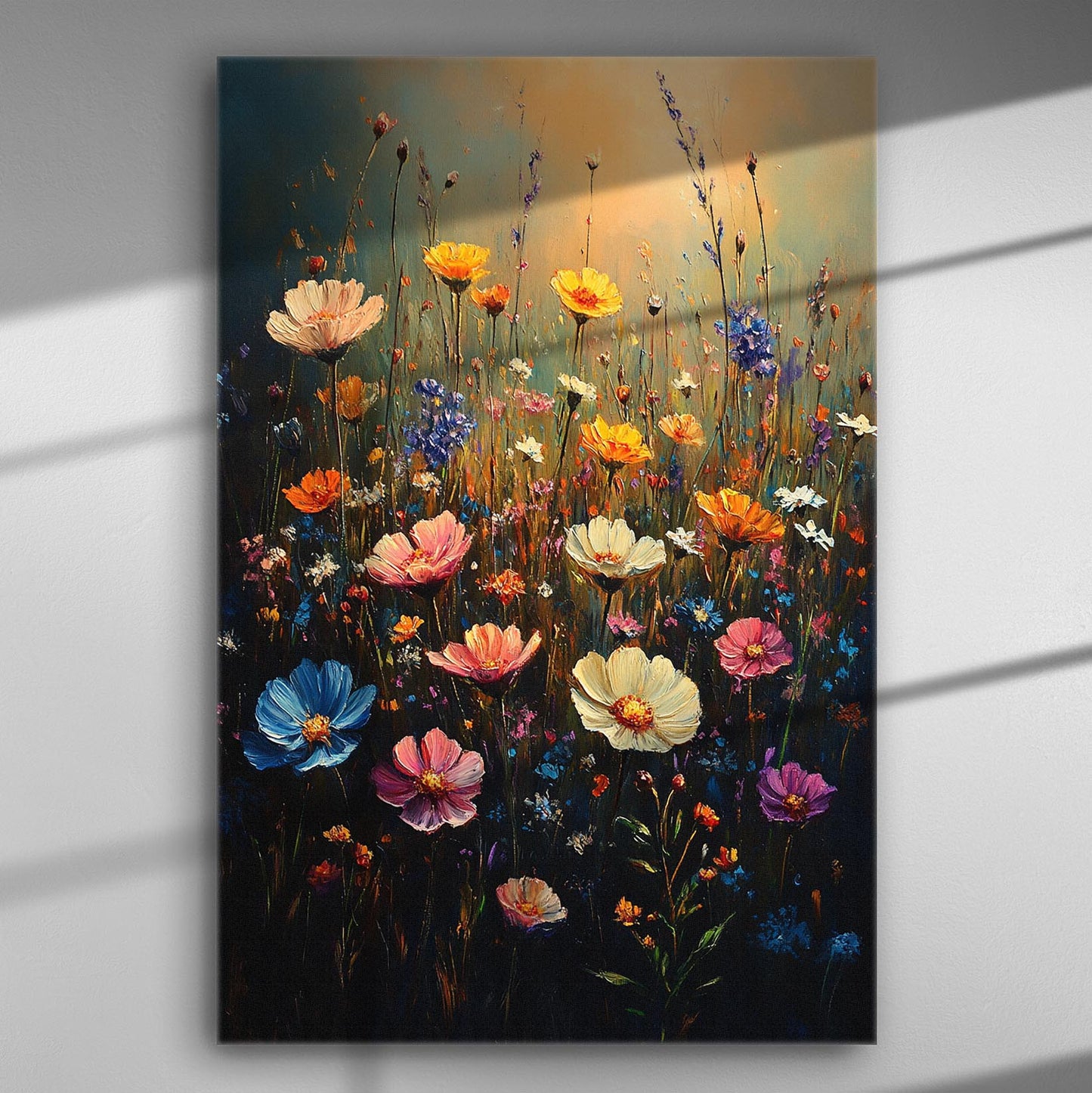Vibrant floral canvas print depicting a colorful garden with various flowers.