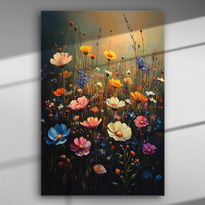 Vibrant floral canvas print depicting a colorful garden with various flowers.