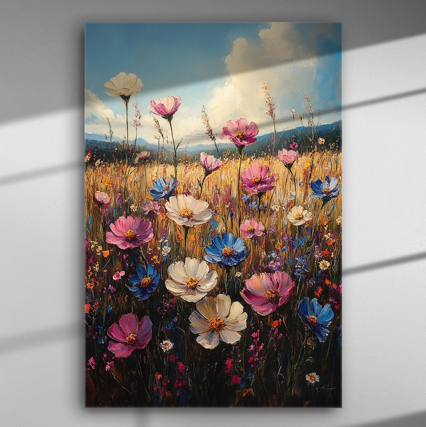 A vibrant canvas print of a meadow with colorful flowers including pink, white, and blue under a bright sky for art decor.