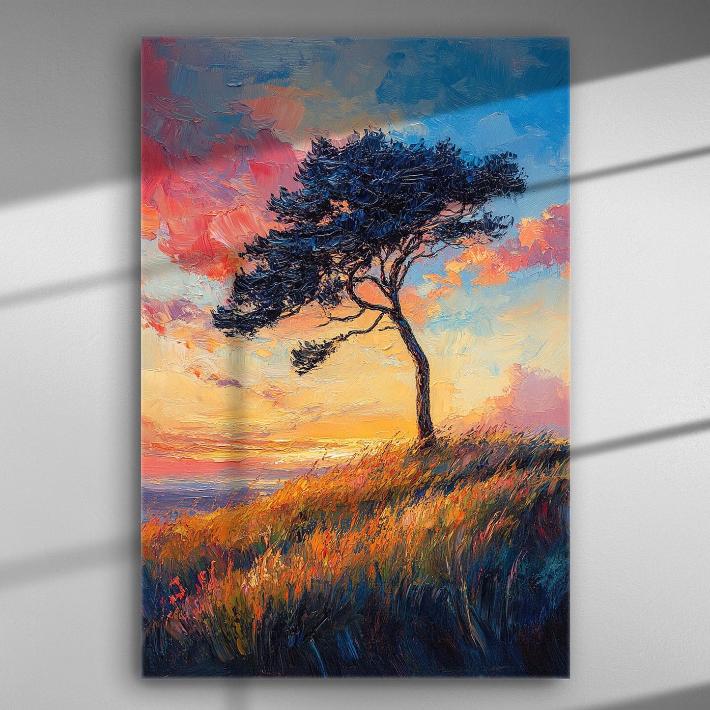 Bright landscape with a lone tree against a colorful sunset