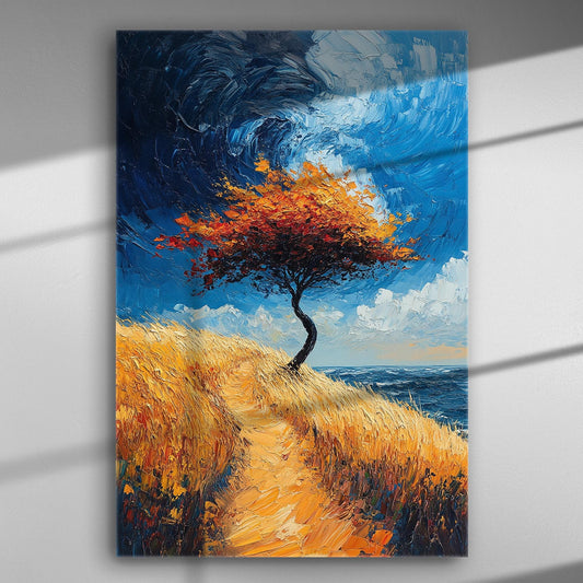 Oil painting of a solitary tree in a golden field under a dramatic blue sky.