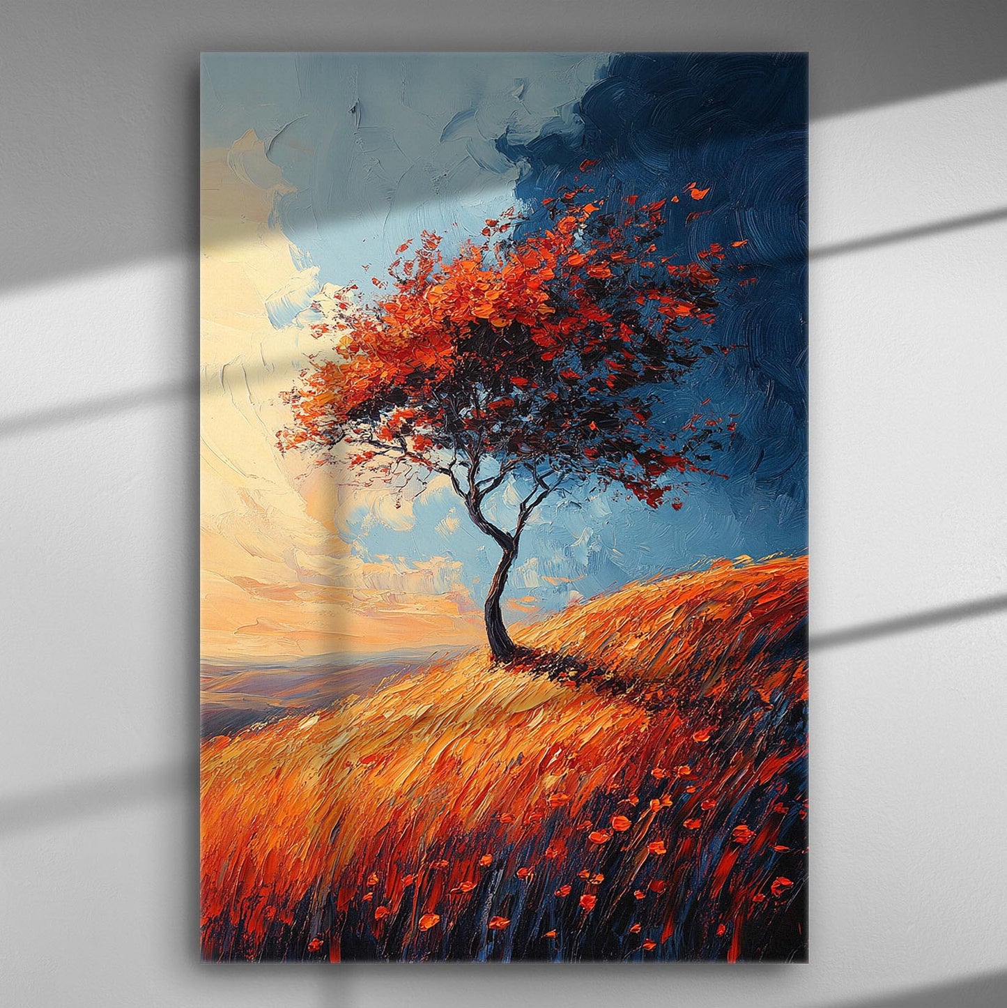Tree with red leaves on a golden hill against a blue sky, vibrant autumn landscape.