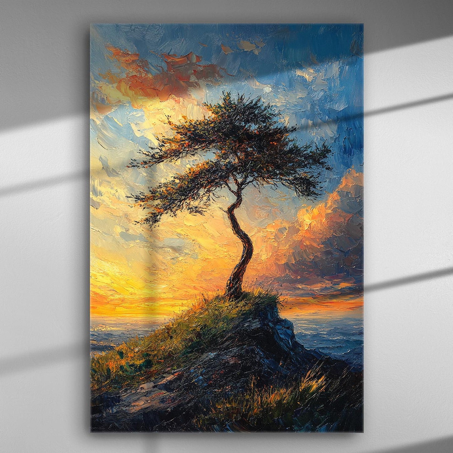Lonely tree at twilight with vibrant colors on canvas painting.