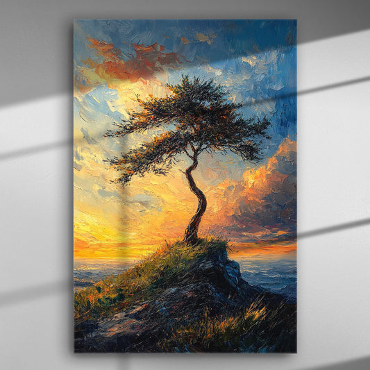 Lonely tree at twilight with vibrant colors on canvas painting.