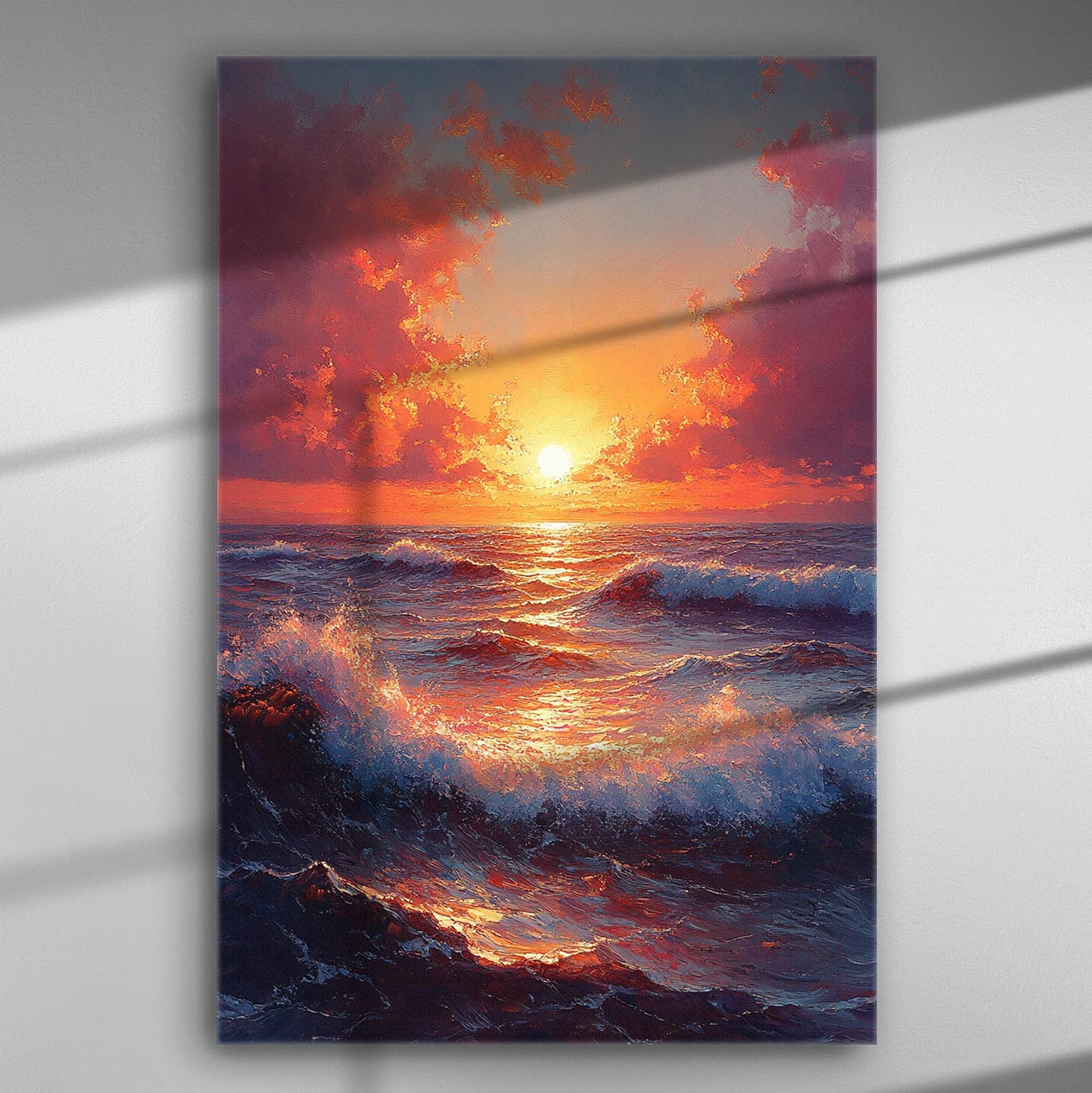 Canvas print of a vibrant sunset over the ocean with waves and colorful clouds.