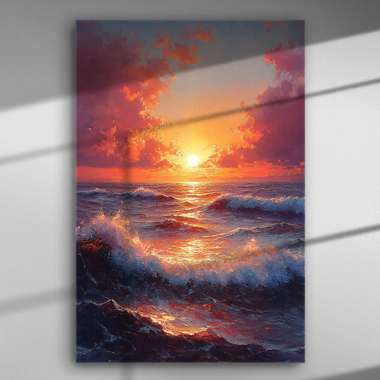 Canvas print of a vibrant sunset over the ocean with waves and colorful clouds.