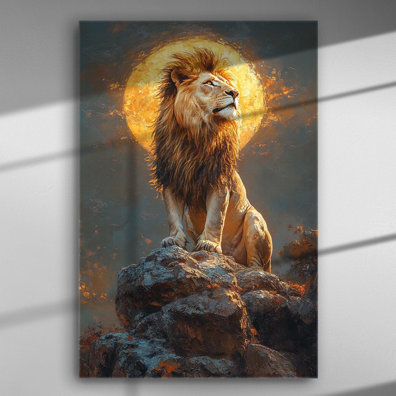 Lion standing on rocks with a golden sun in the background, canvas print.