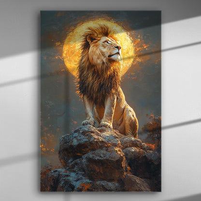 Lion standing on rocks with a golden sun in the background, canvas print.
