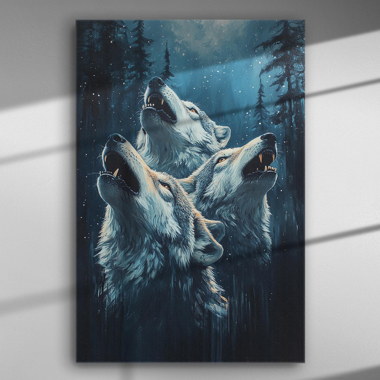 Canvas print of three howling wolves in a night forest setting.