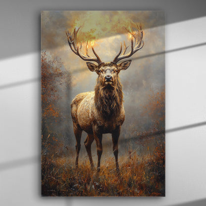 Canvas print of a majestic deer standing in a forest, with detailed antlers and a serene expression.