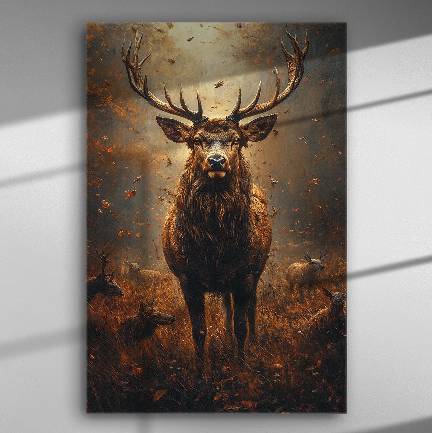 Majestic deer in a forest setting with falling leaves, printed on canvas.