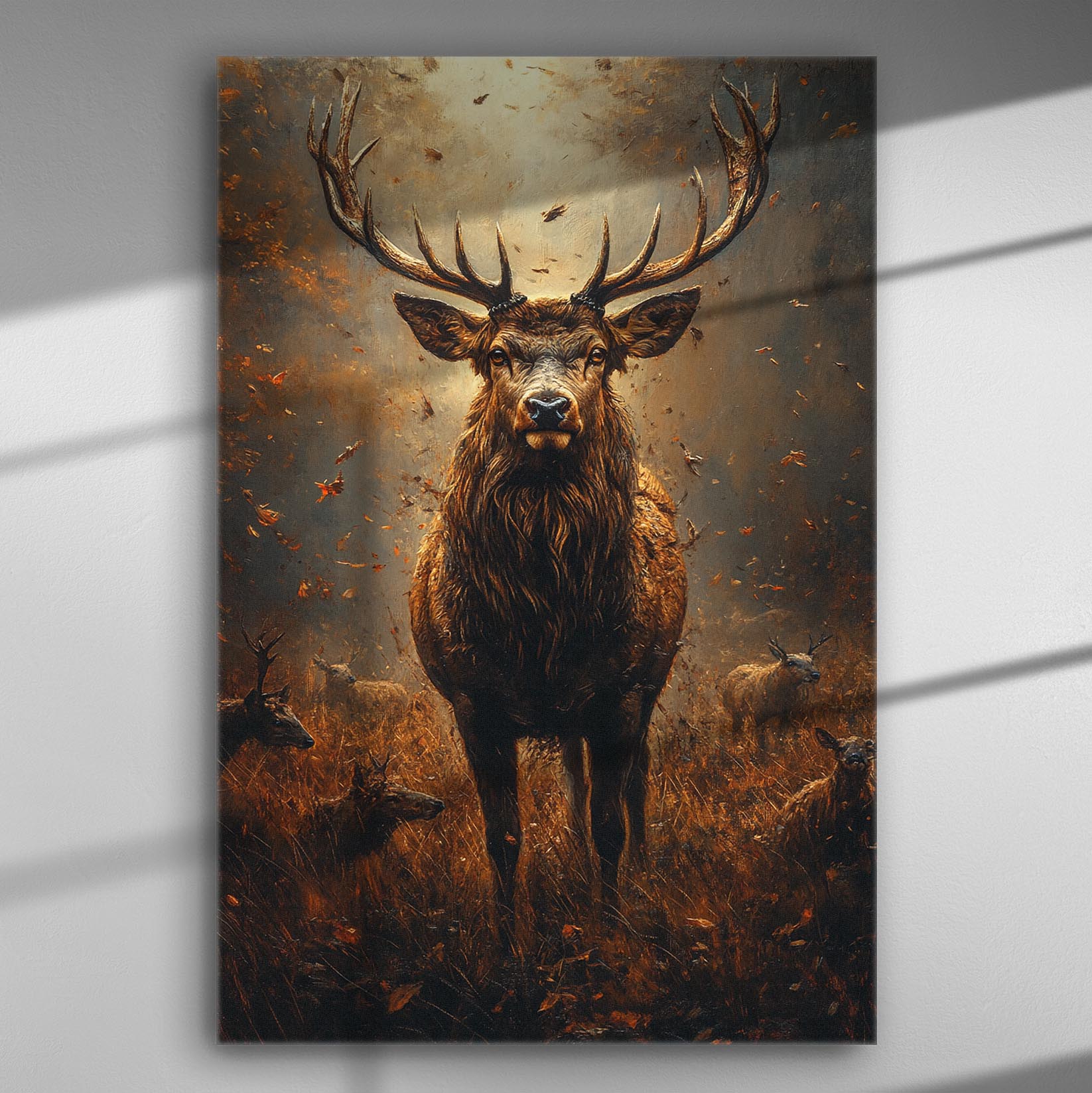 Majestic deer in a forest setting with falling leaves, printed on canvas.